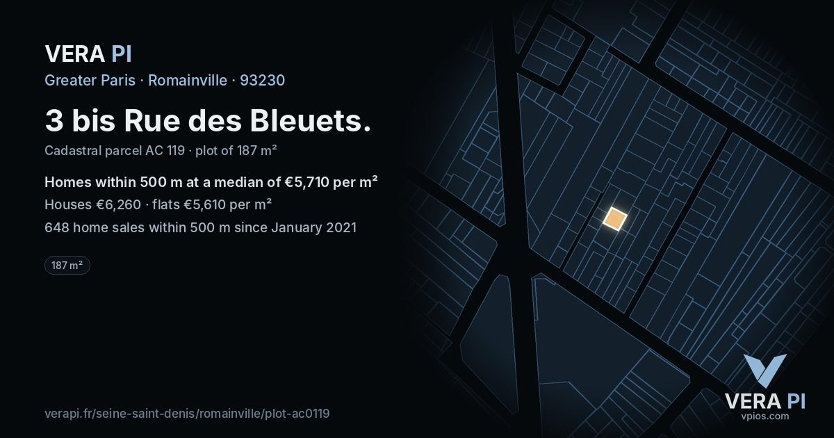 3 bis Rue des Bleuets, Romainville at night – the plot lit, the parcels around coloured by the prices near them