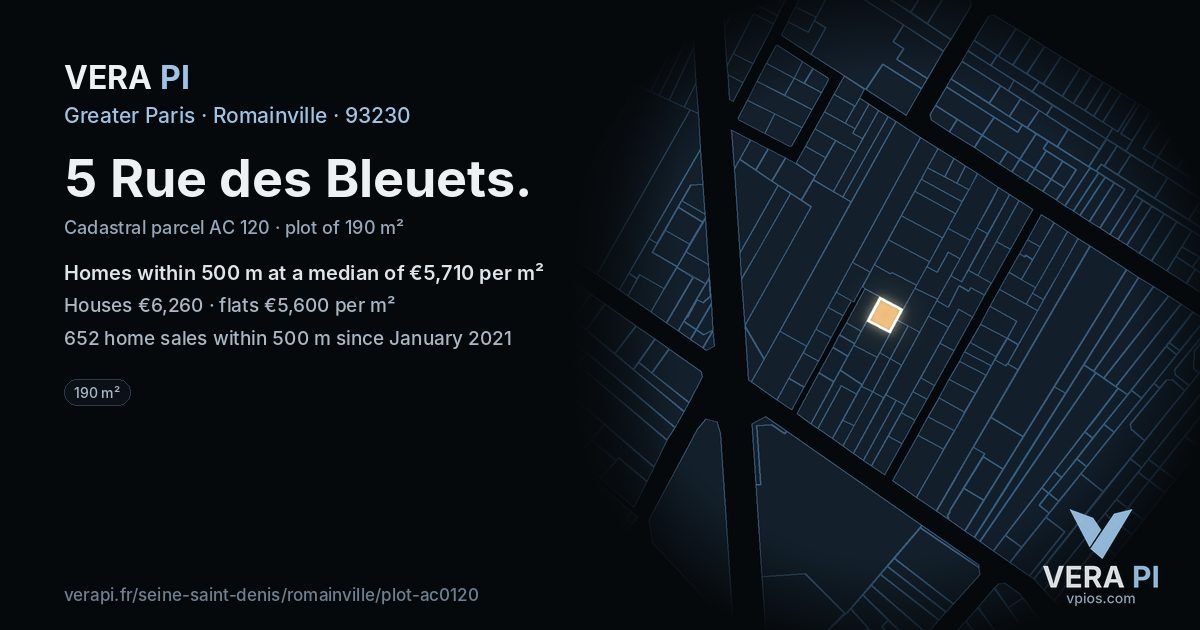 5 Rue des Bleuets, Romainville at night – the plot lit, the parcels around coloured by the prices near them