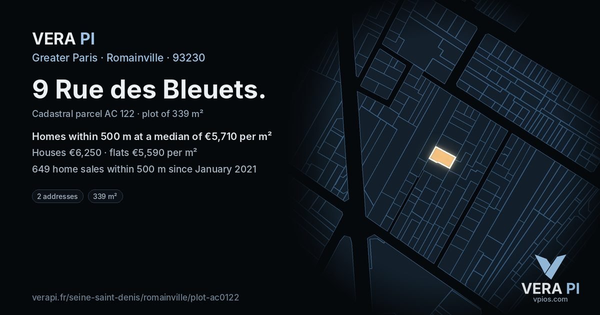 9 Rue des Bleuets, Romainville at night – the plot lit, the parcels around coloured by the prices near them
