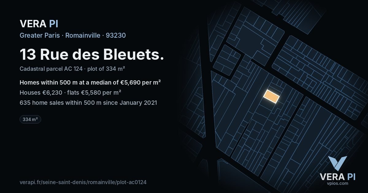 13 Rue des Bleuets, Romainville at night – the plot lit, the parcels around coloured by the prices near them