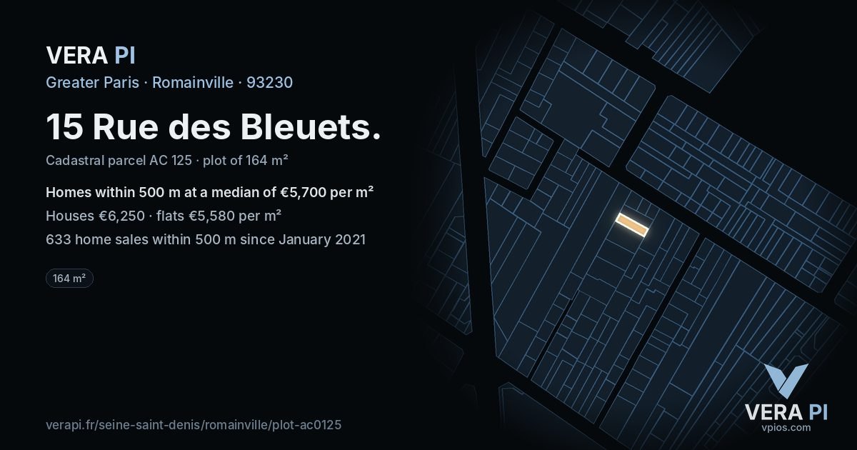 15 Rue des Bleuets, Romainville at night – the plot lit, the parcels around coloured by the prices near them