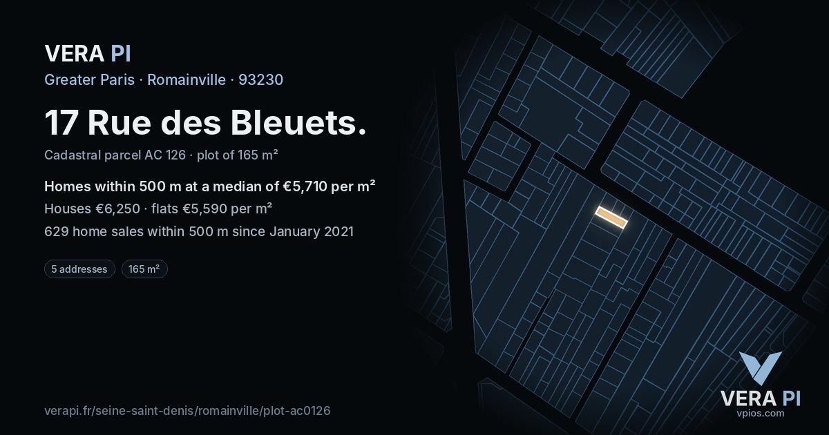 17 Rue des Bleuets, Romainville at night – the plot lit, the parcels around coloured by the prices near them