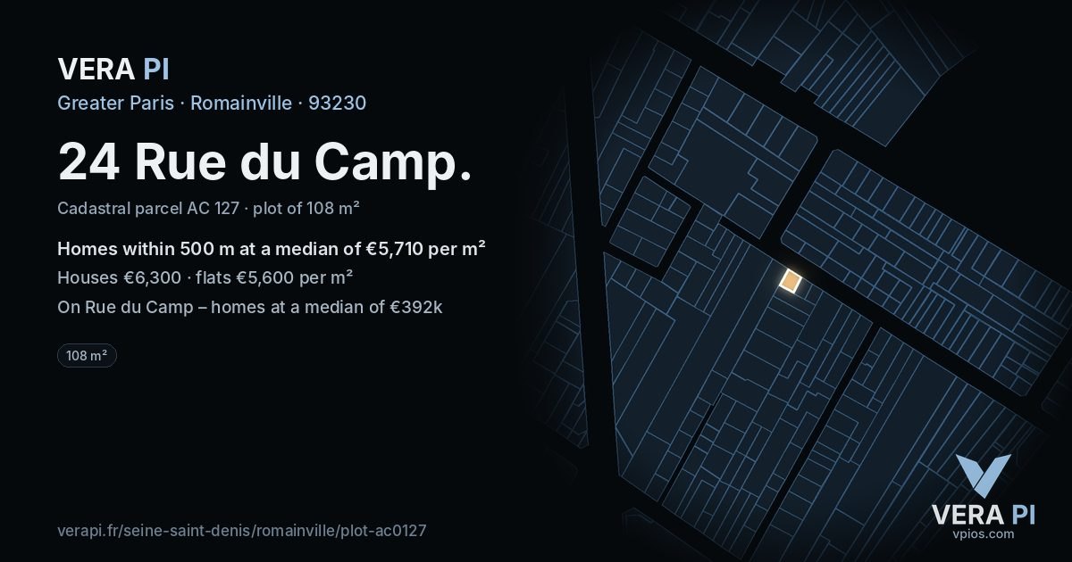 24 Rue du Camp, Romainville at night – the plot lit, the parcels around coloured by the prices near them