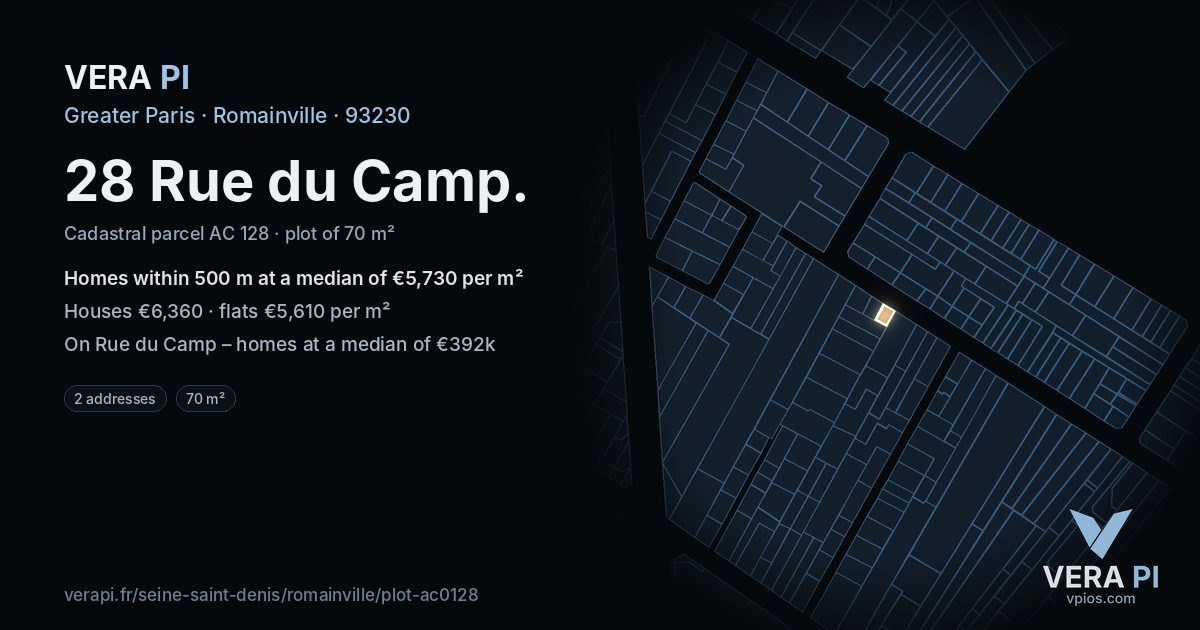 28 Rue du Camp, Romainville at night – the plot lit, the parcels around coloured by the prices near them