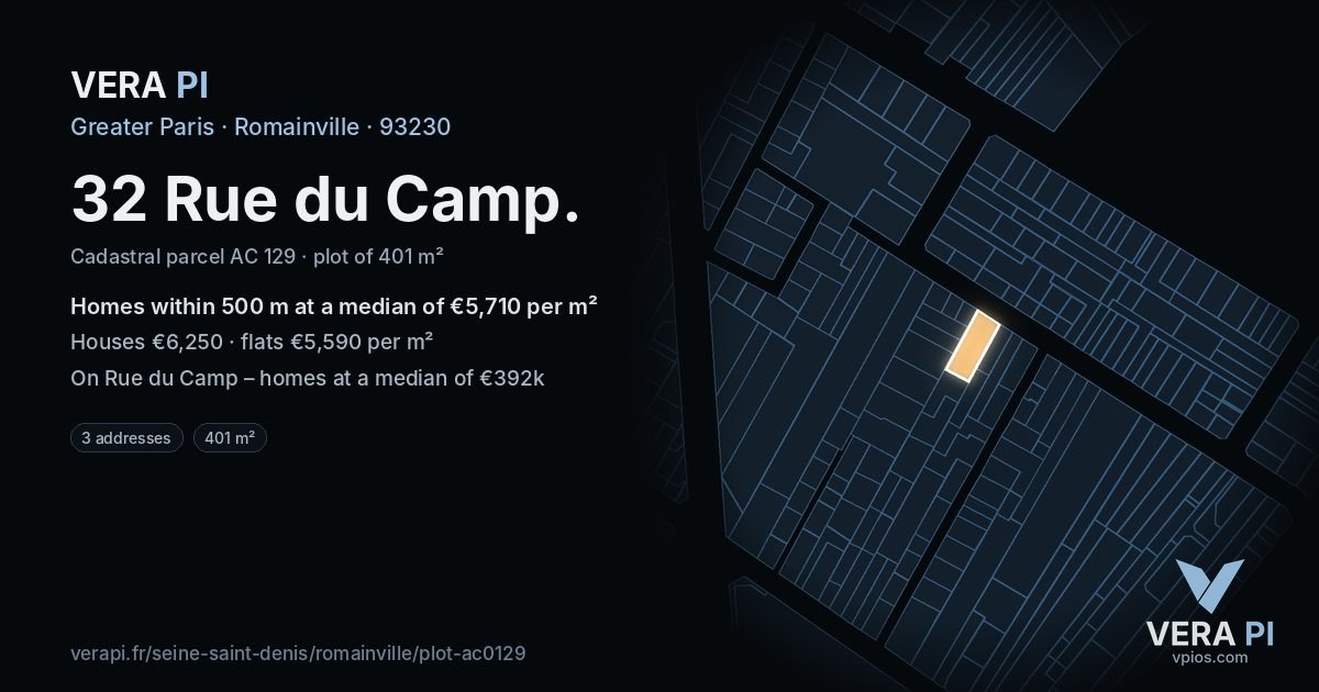 32 Rue du Camp, Romainville at night – the plot lit, the parcels around coloured by the prices near them