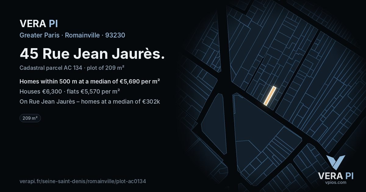 45 Rue Jean Jaurès, Romainville at night – the plot lit, the parcels around coloured by the prices near them