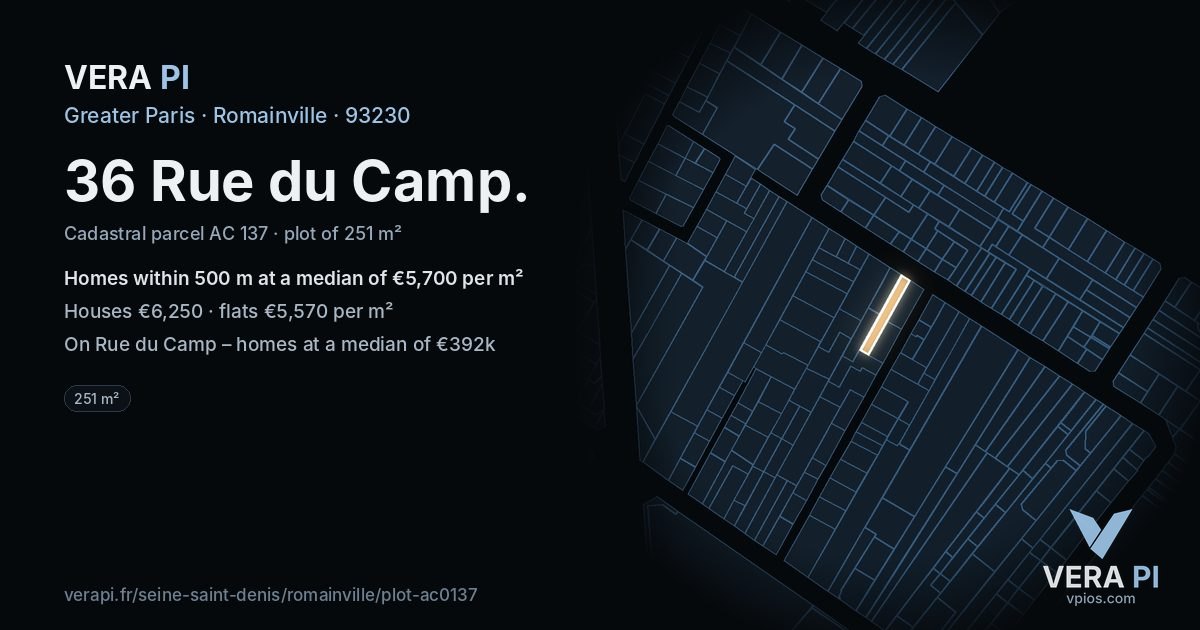 36 Rue du Camp, Romainville at night – the plot lit, the parcels around coloured by the prices near them