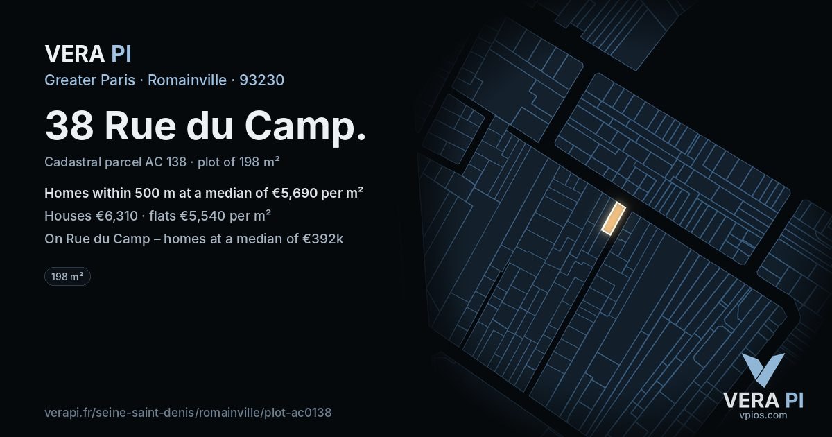 38 Rue du Camp, Romainville at night – the plot lit, the parcels around coloured by the prices near them
