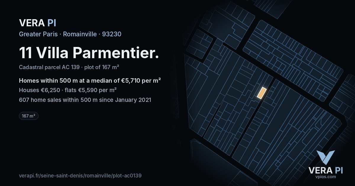 11 Villa Parmentier, Romainville at night – the plot lit, the parcels around coloured by the prices near them