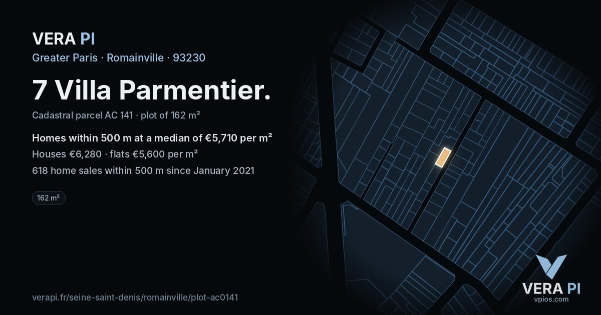 7 Villa Parmentier, Romainville at night – the plot lit, the parcels around coloured by the prices near them