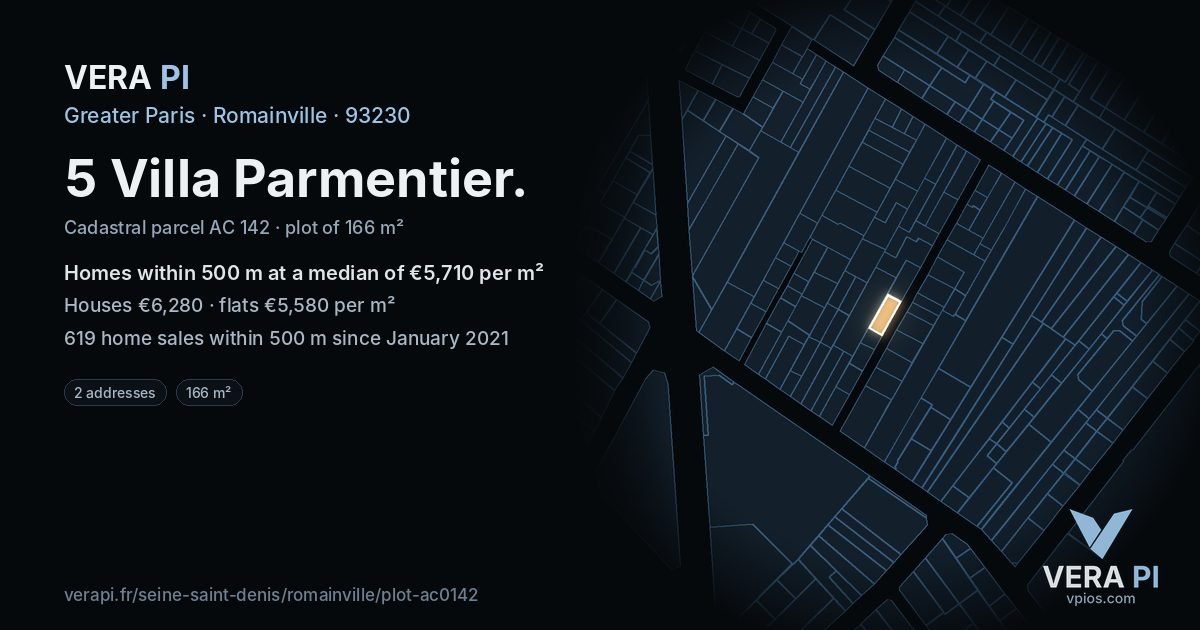 5 Villa Parmentier, Romainville at night – the plot lit, the parcels around coloured by the prices near them