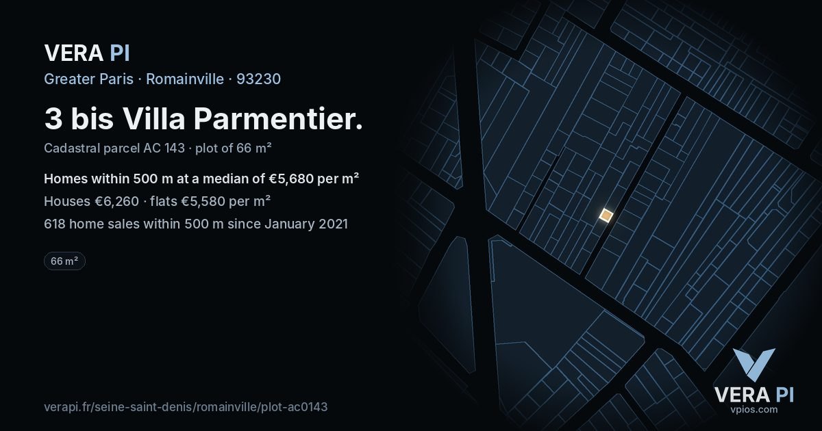 3 bis Villa Parmentier, Romainville at night – the plot lit, the parcels around coloured by the prices near them