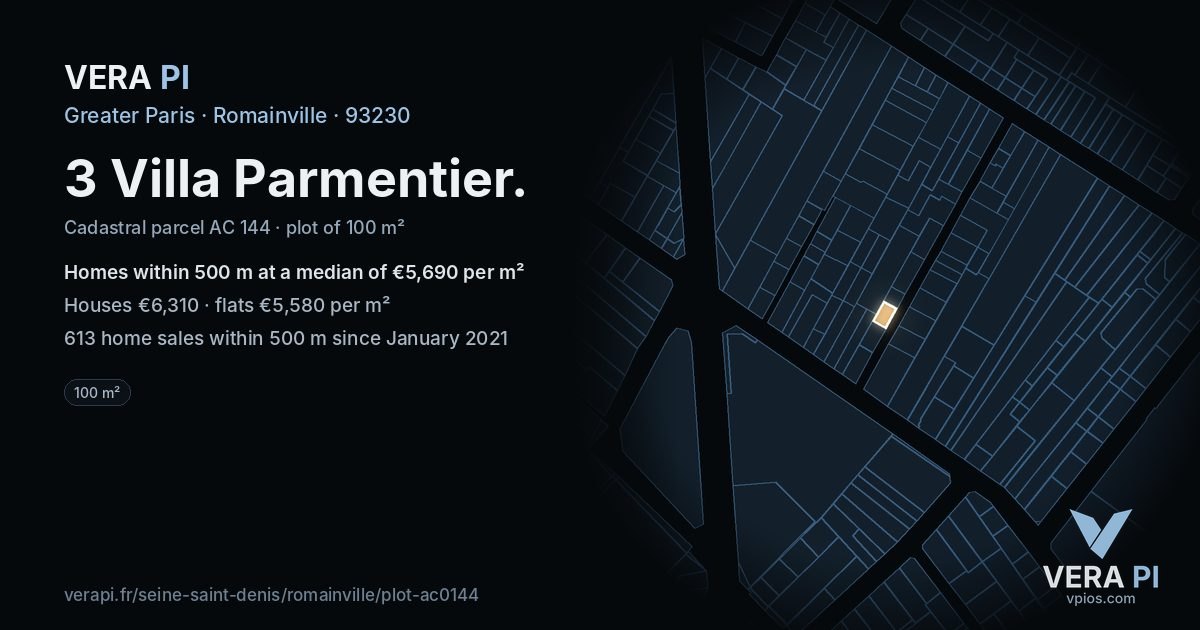 3 Villa Parmentier, Romainville at night – the plot lit, the parcels around coloured by the prices near them