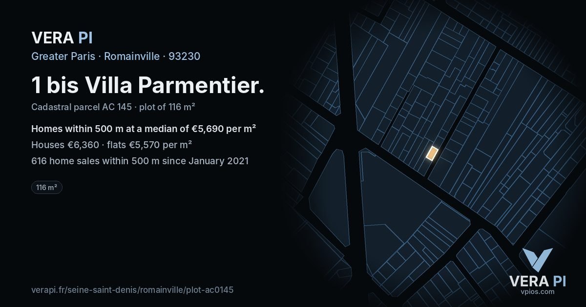 1 bis Villa Parmentier, Romainville at night – the plot lit, the parcels around coloured by the prices near them