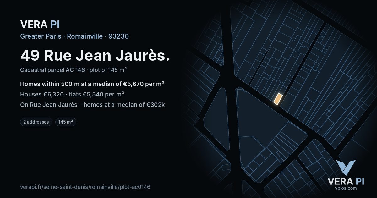 49 Rue Jean Jaurès, Romainville at night – the plot lit, the parcels around coloured by the prices near them
