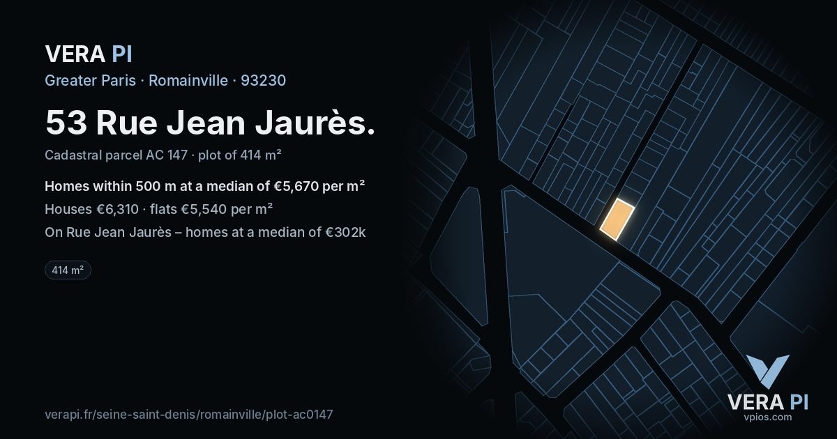 53 Rue Jean Jaurès, Romainville at night – the plot lit, the parcels around coloured by the prices near them
