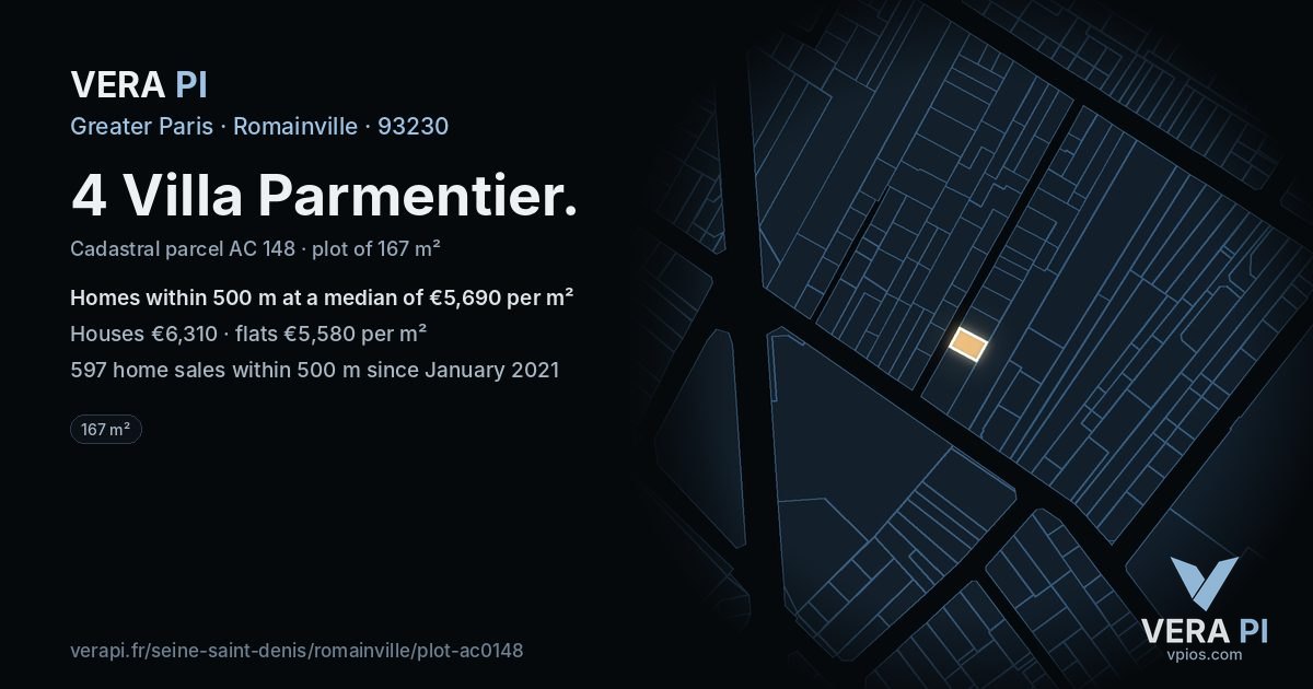 4 Villa Parmentier, Romainville at night – the plot lit, the parcels around coloured by the prices near them