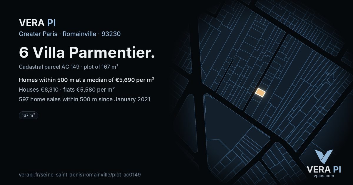 6 Villa Parmentier, Romainville at night – the plot lit, the parcels around coloured by the prices near them