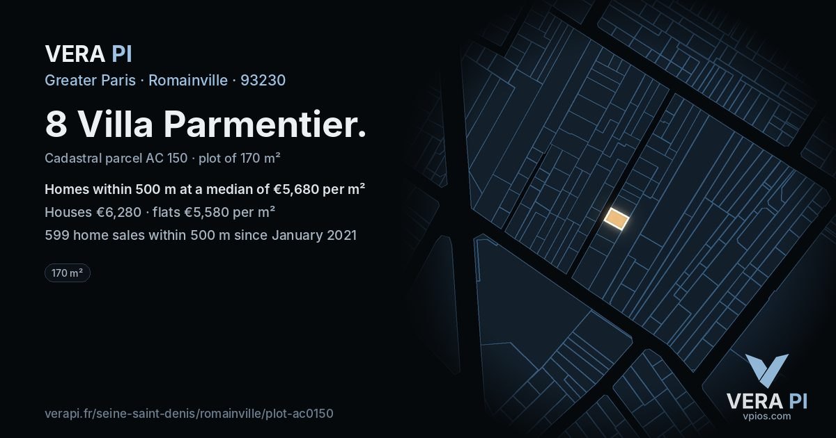 8 Villa Parmentier, Romainville at night – the plot lit, the parcels around coloured by the prices near them