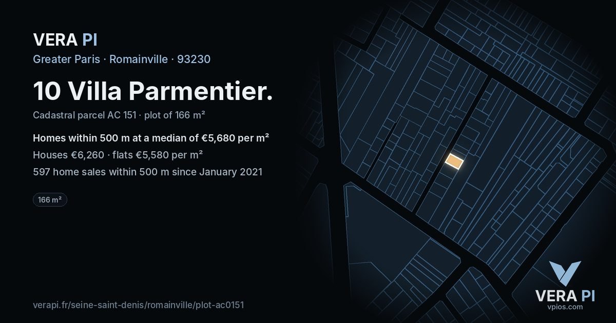10 Villa Parmentier, Romainville at night – the plot lit, the parcels around coloured by the prices near them