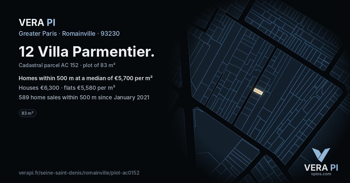 12 Villa Parmentier, Romainville at night – the plot lit, the parcels around coloured by the prices near them