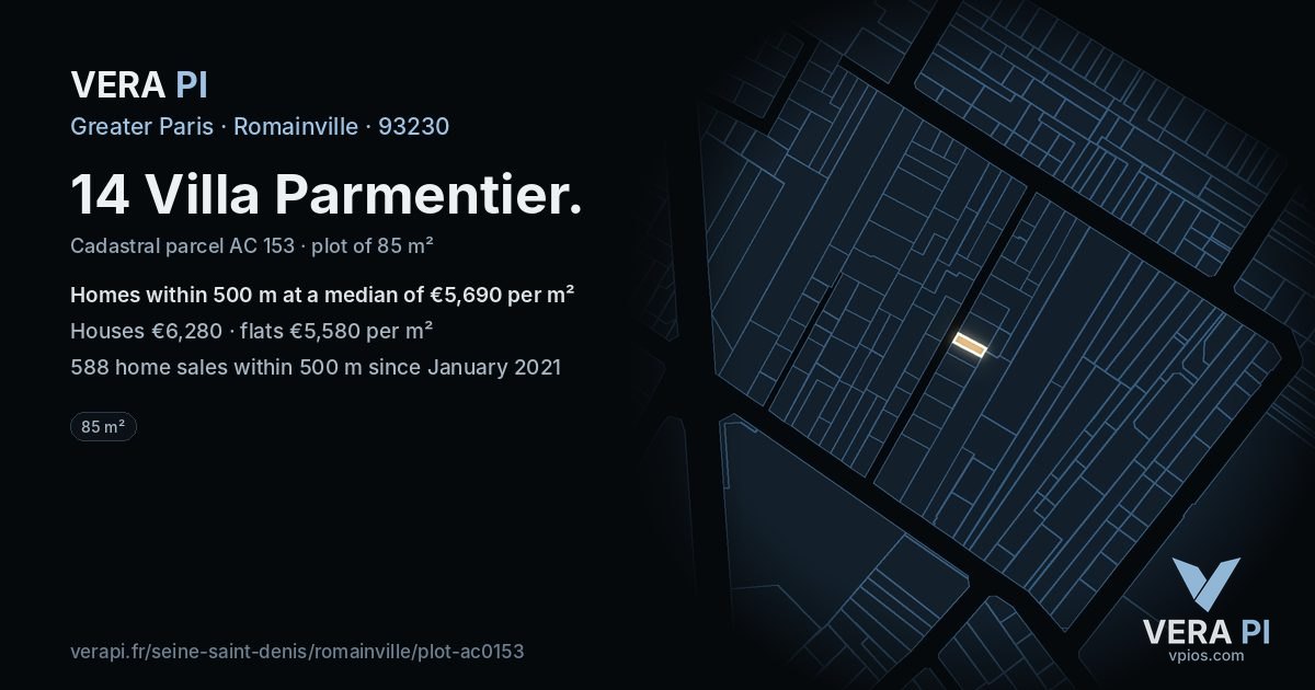 14 Villa Parmentier, Romainville at night – the plot lit, the parcels around coloured by the prices near them