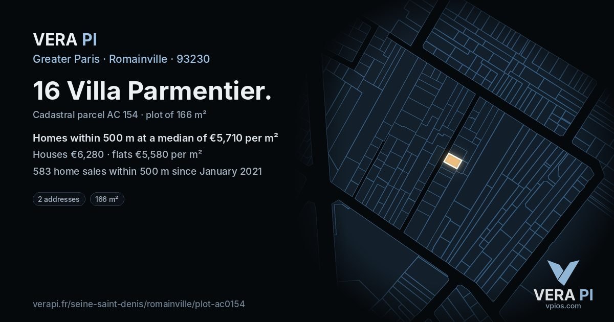 16 Villa Parmentier, Romainville at night – the plot lit, the parcels around coloured by the prices near them