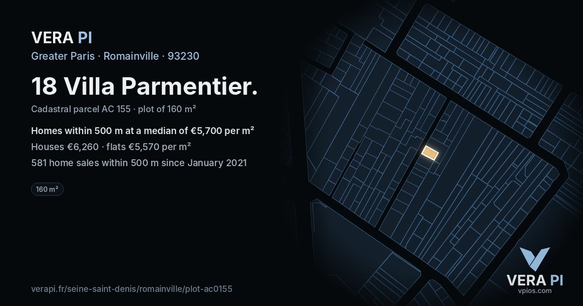 18 Villa Parmentier, Romainville at night – the plot lit, the parcels around coloured by the prices near them