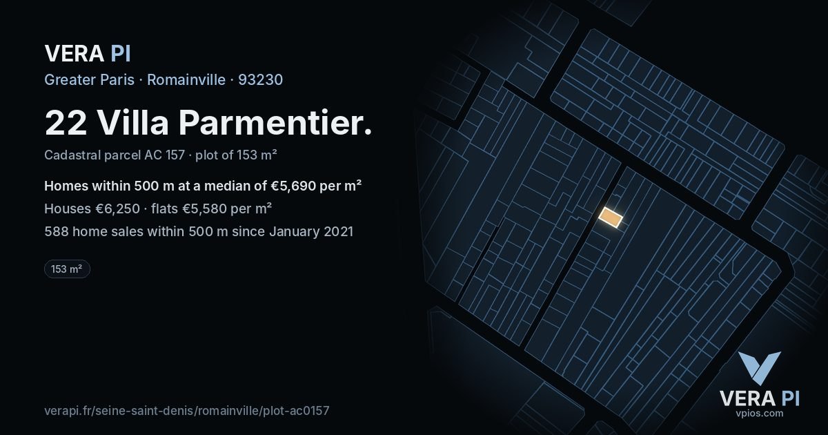22 Villa Parmentier, Romainville at night – the plot lit, the parcels around coloured by the prices near them