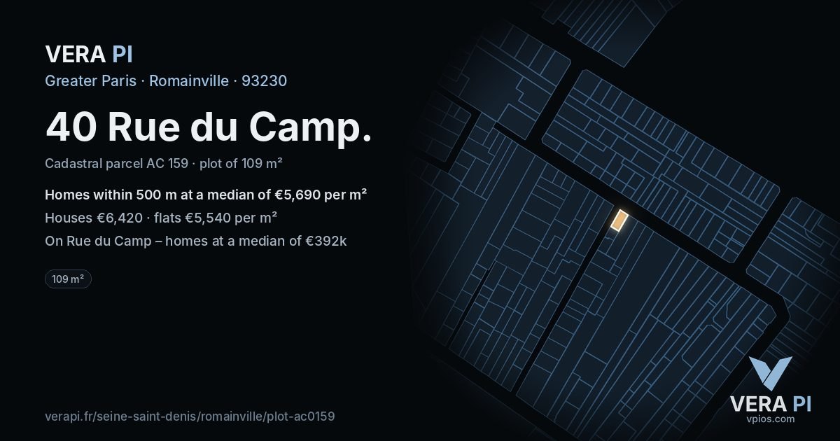 40 Rue du Camp, Romainville at night – the plot lit, the parcels around coloured by the prices near them