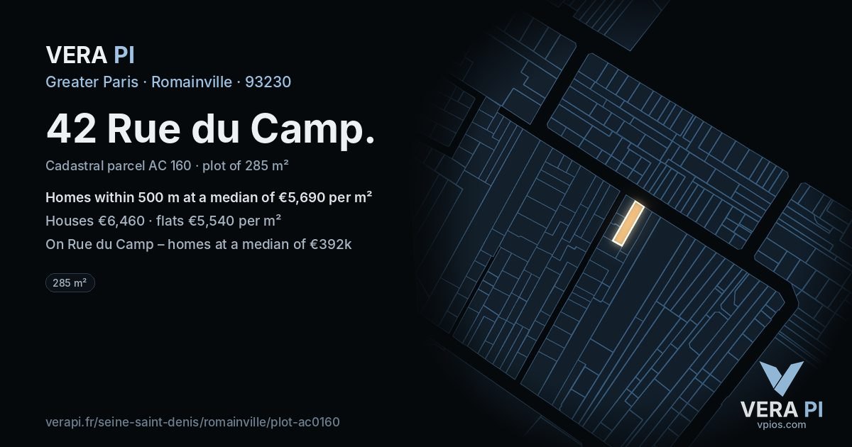 42 Rue du Camp, Romainville at night – the plot lit, the parcels around coloured by the prices near them