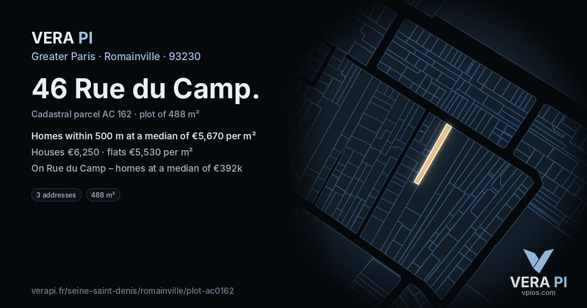 46 Rue du Camp, Romainville at night – the plot lit, the parcels around coloured by the prices near them