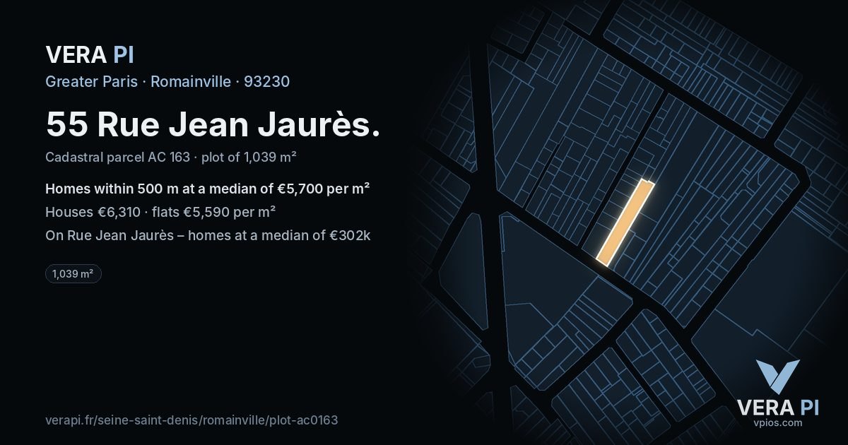 55 Rue Jean Jaurès, Romainville at night – the plot lit, the parcels around coloured by the prices near them