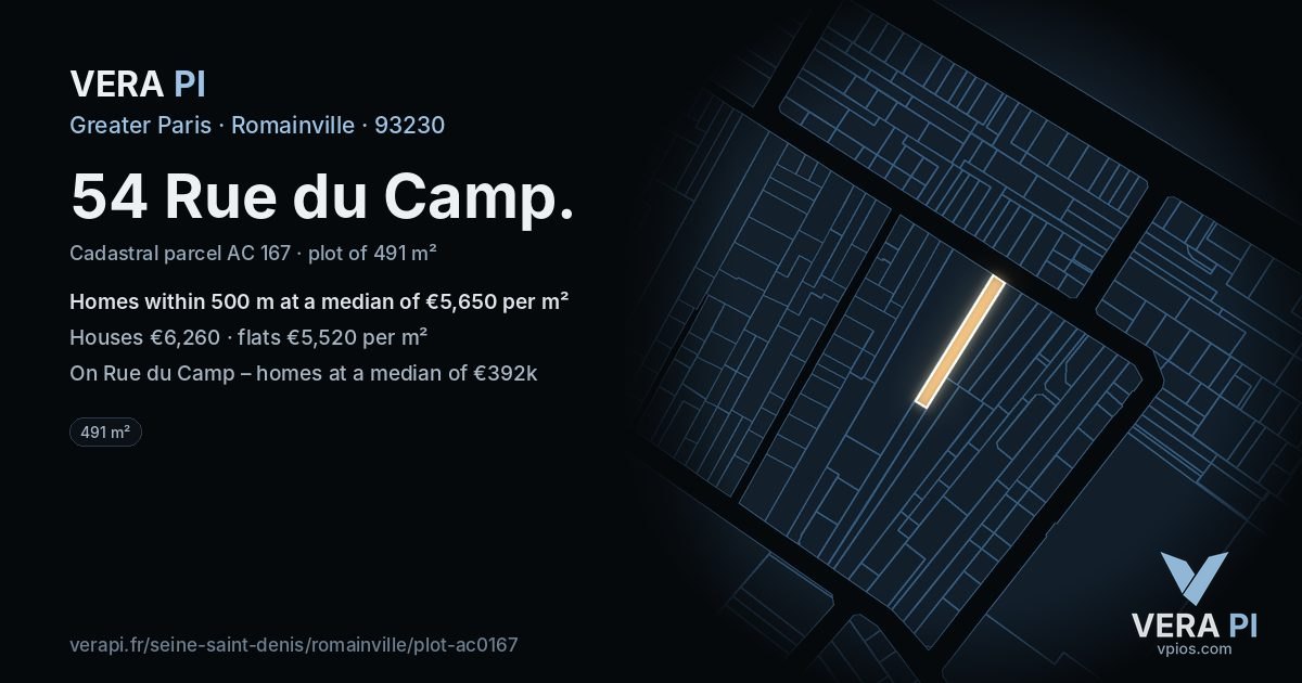 54 Rue du Camp, Romainville at night – the plot lit, the parcels around coloured by the prices near them