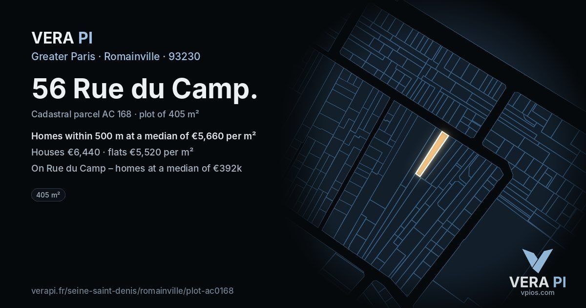 56 Rue du Camp, Romainville at night – the plot lit, the parcels around coloured by the prices near them
