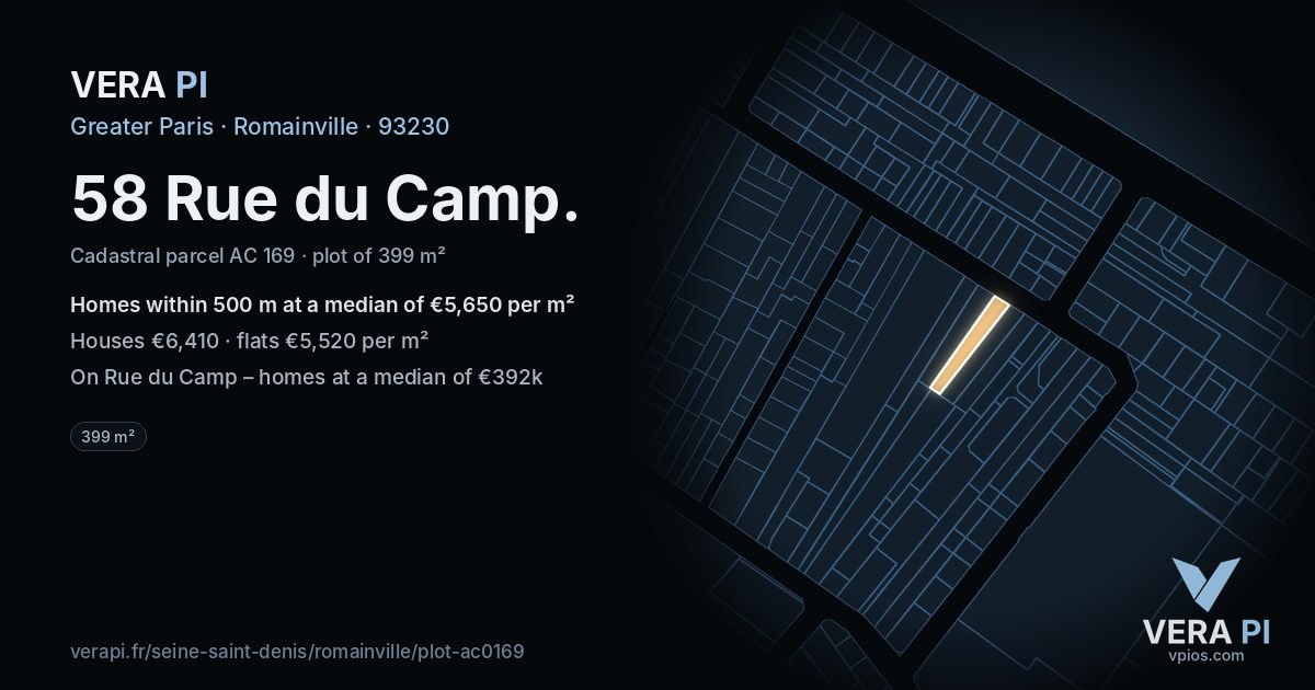 58 Rue du Camp, Romainville at night – the plot lit, the parcels around coloured by the prices near them