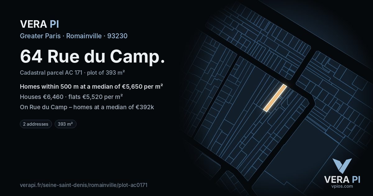 64 Rue du Camp, Romainville at night – the plot lit, the parcels around coloured by the prices near them