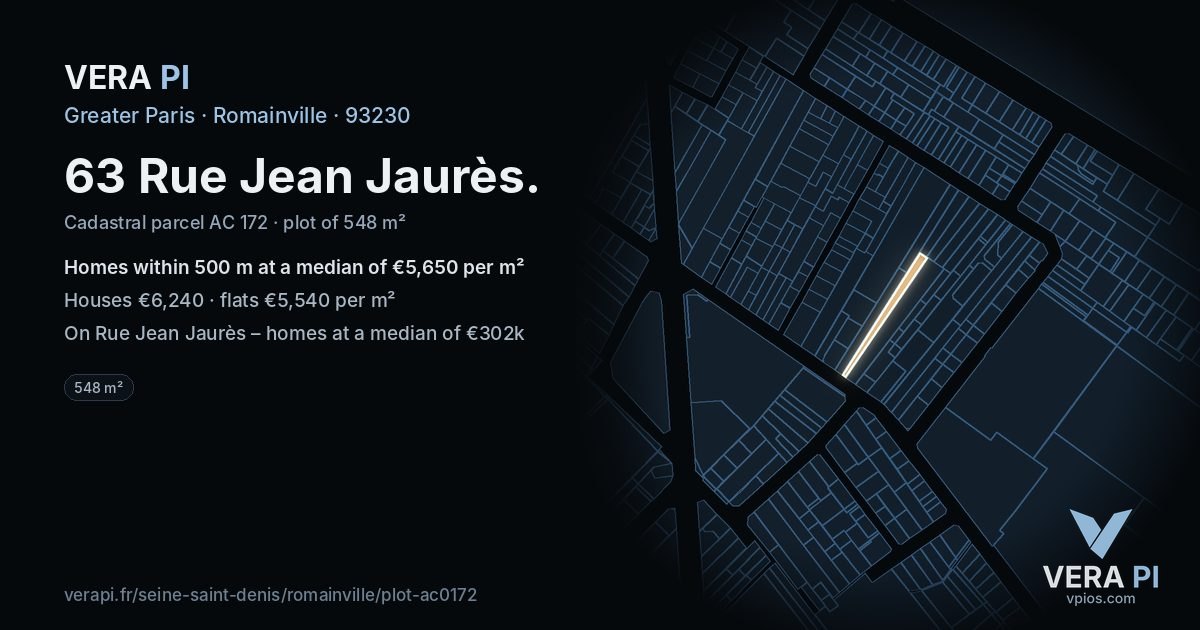 63 Rue Jean Jaurès, Romainville at night – the plot lit, the parcels around coloured by the prices near them