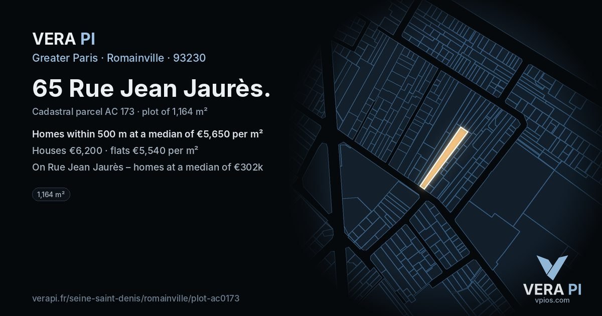 65 Rue Jean Jaurès, Romainville at night – the plot lit, the parcels around coloured by the prices near them