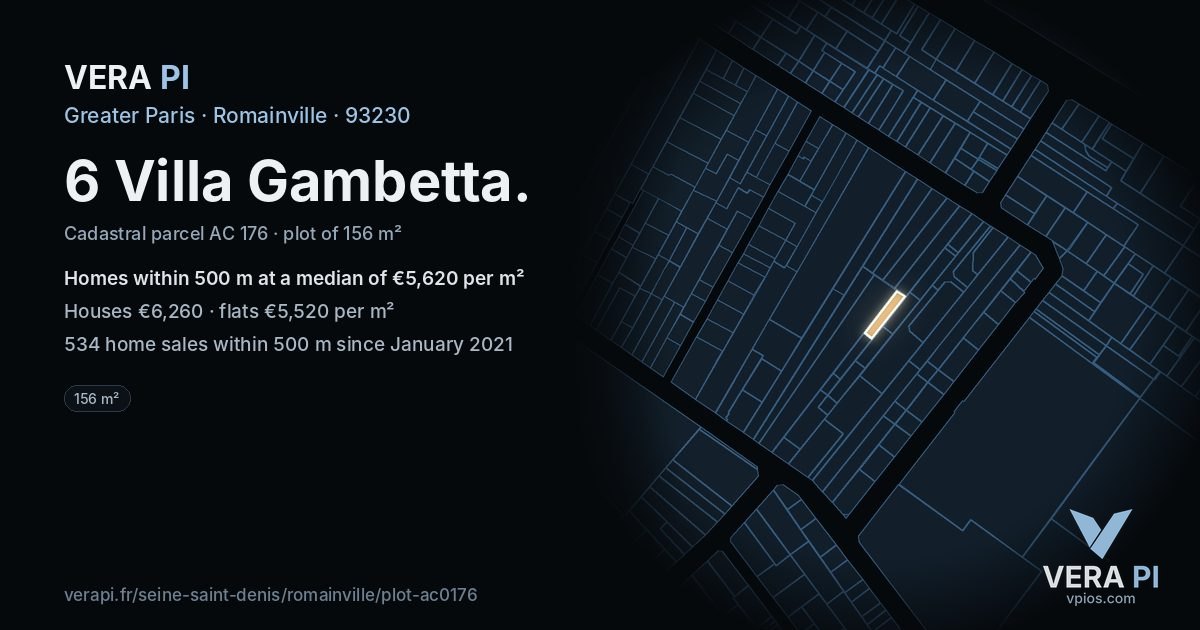 6 Villa Gambetta, Romainville at night – the plot lit, the parcels around coloured by the prices near them