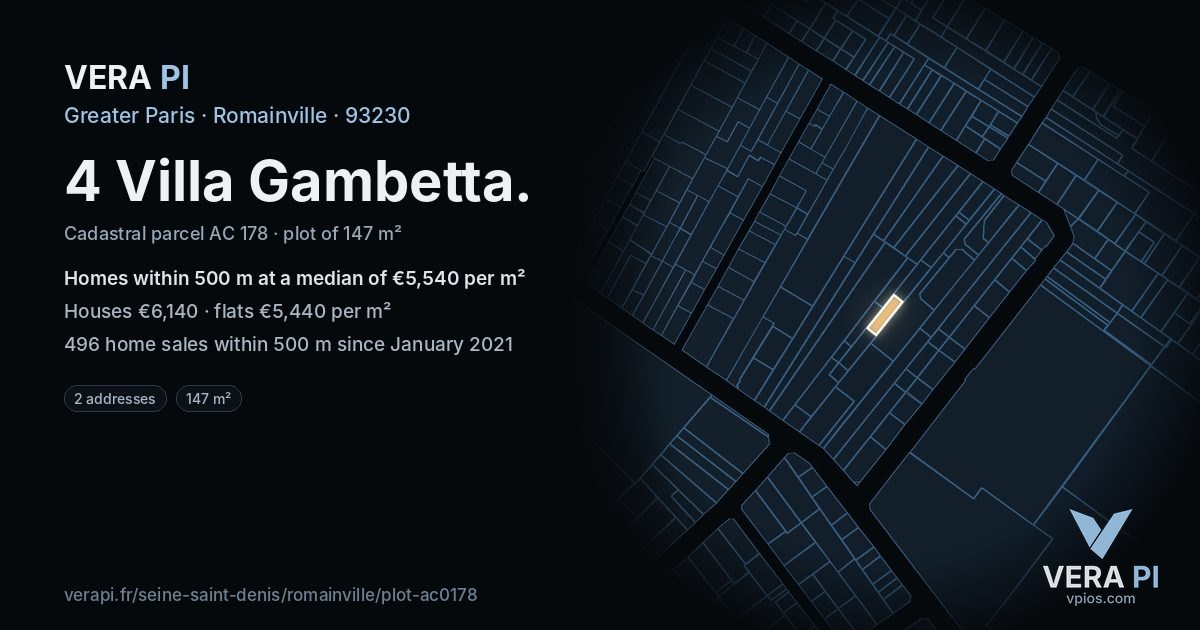 4 Villa Gambetta, Romainville at night – the plot lit, the parcels around coloured by the prices near them