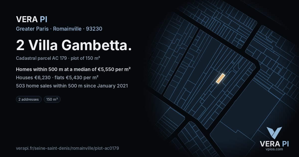 2 Villa Gambetta, Romainville at night – the plot lit, the parcels around coloured by the prices near them