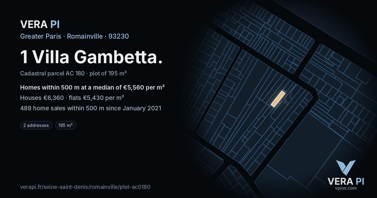 1 Villa Gambetta, Romainville at night – the plot lit, the parcels around coloured by the prices near them