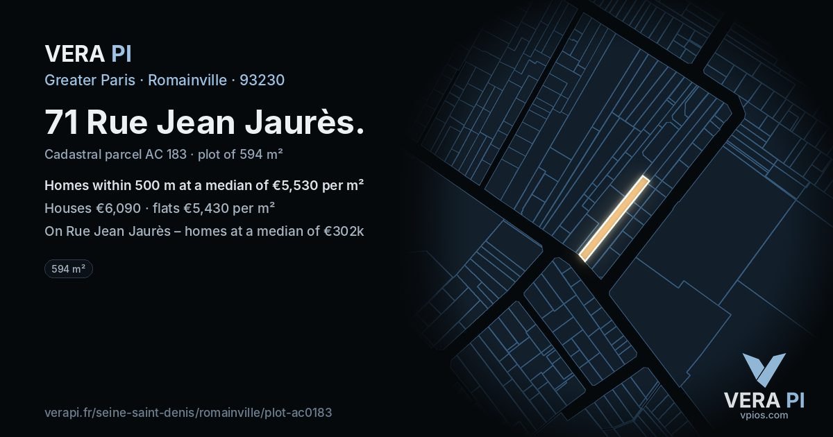 71 Rue Jean Jaurès, Romainville at night – the plot lit, the parcels around coloured by the prices near them