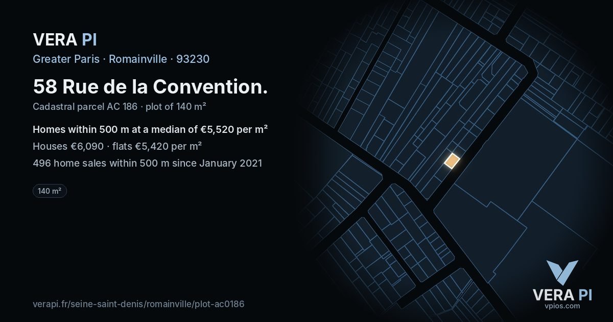 58 Rue de la Convention, Romainville at night – the plot lit, the parcels around coloured by the prices near them