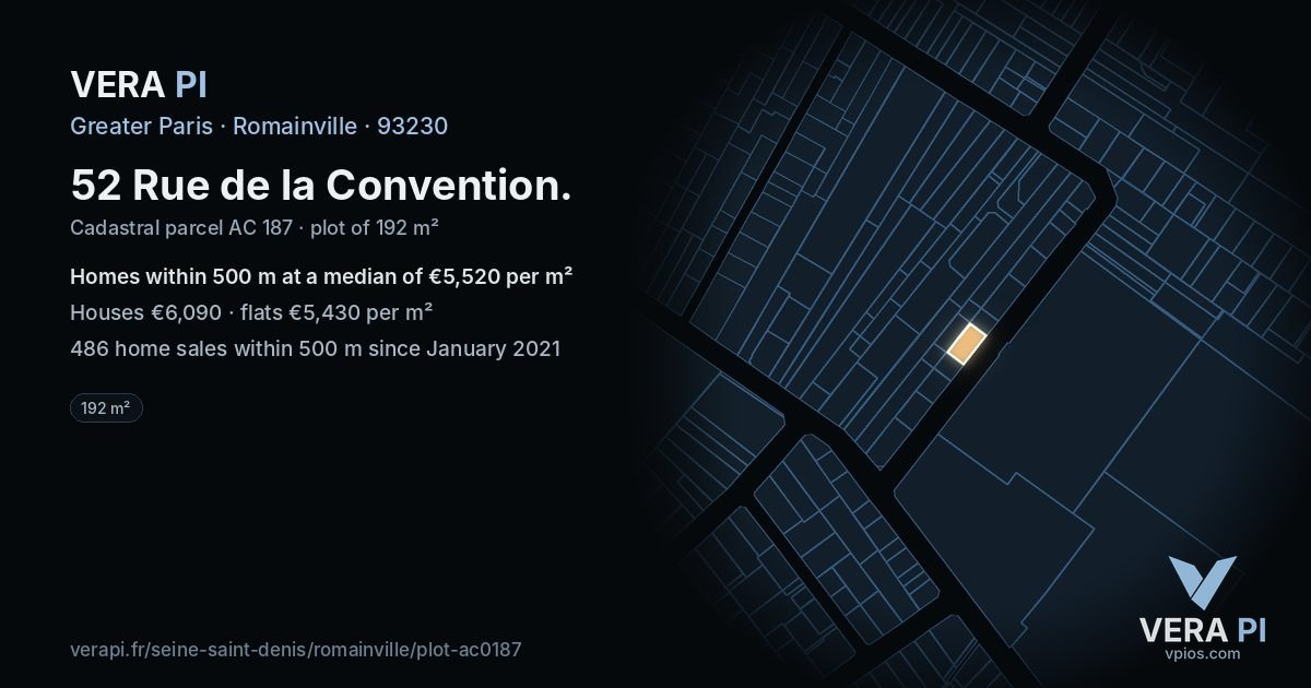 52 Rue de la Convention, Romainville at night – the plot lit, the parcels around coloured by the prices near them