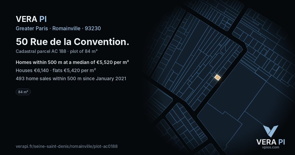 50 Rue de la Convention, Romainville at night – the plot lit, the parcels around coloured by the prices near them