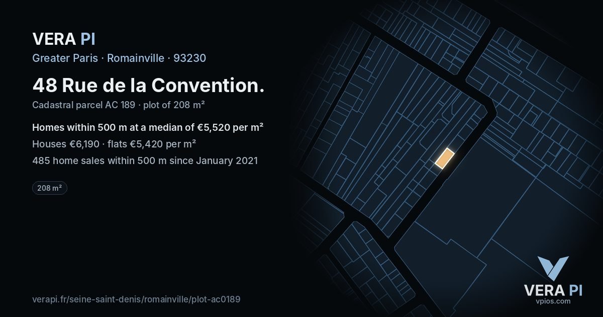48 Rue de la Convention, Romainville at night – the plot lit, the parcels around coloured by the prices near them