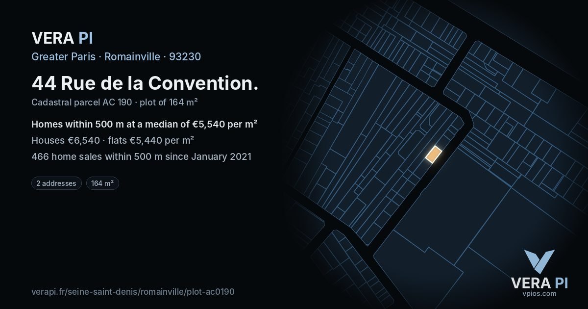 44 Rue de la Convention, Romainville at night – the plot lit, the parcels around coloured by the prices near them