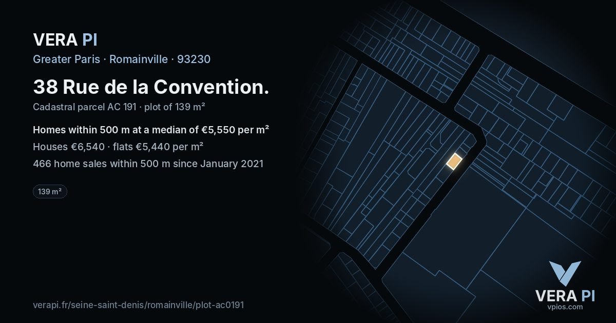 38 Rue de la Convention, Romainville at night – the plot lit, the parcels around coloured by the prices near them